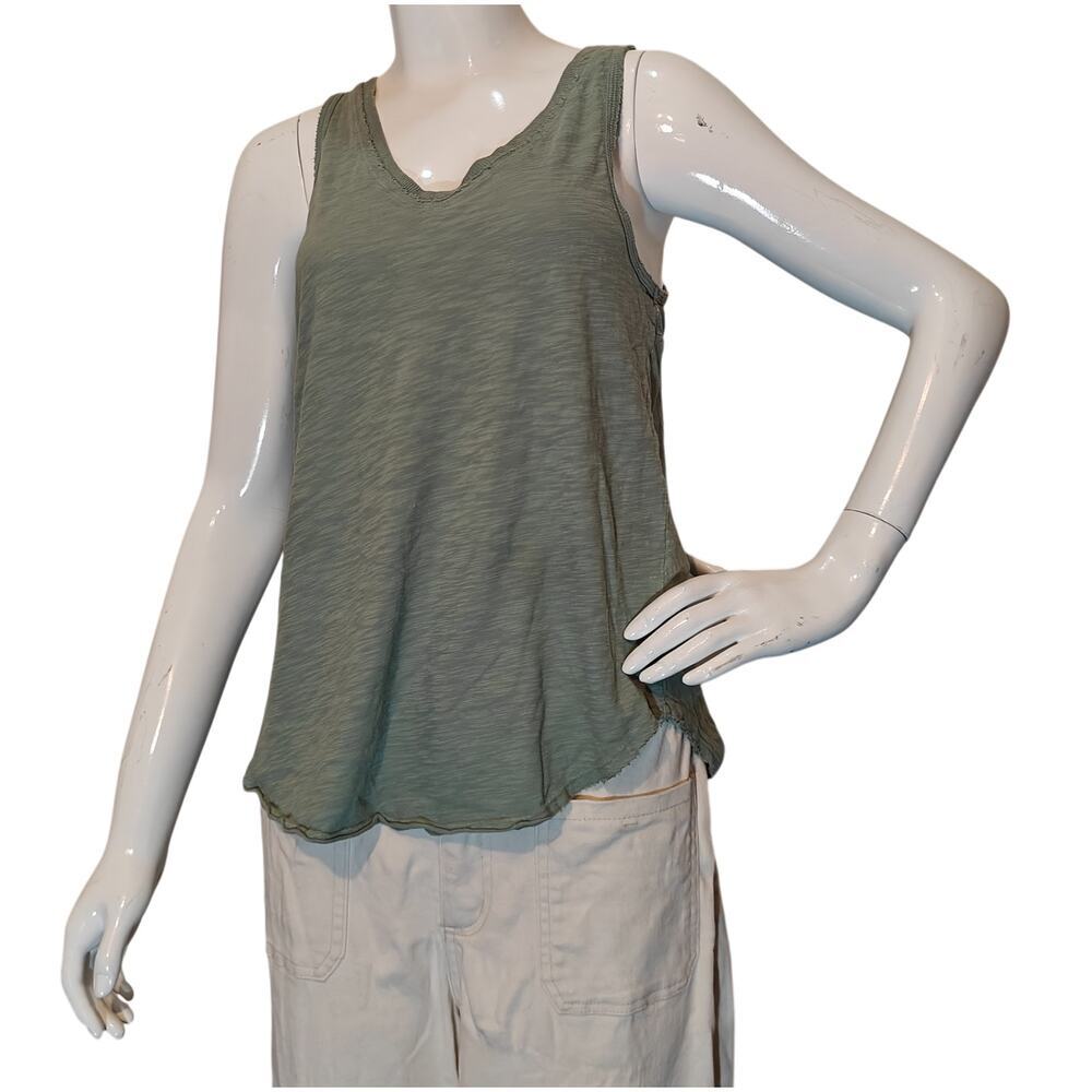 Dylan V Neck Tank Top Green Slub Knit Raw Edge Casual Size Small Boho